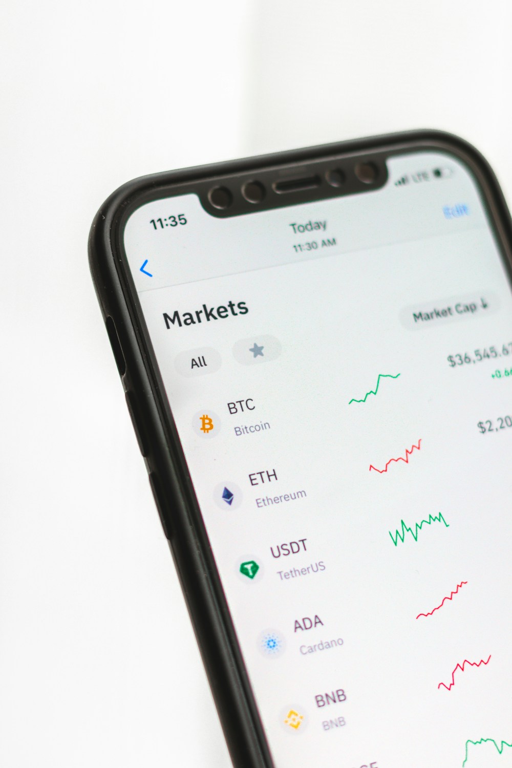 A smartphone displaying a cryptocurrency market overview